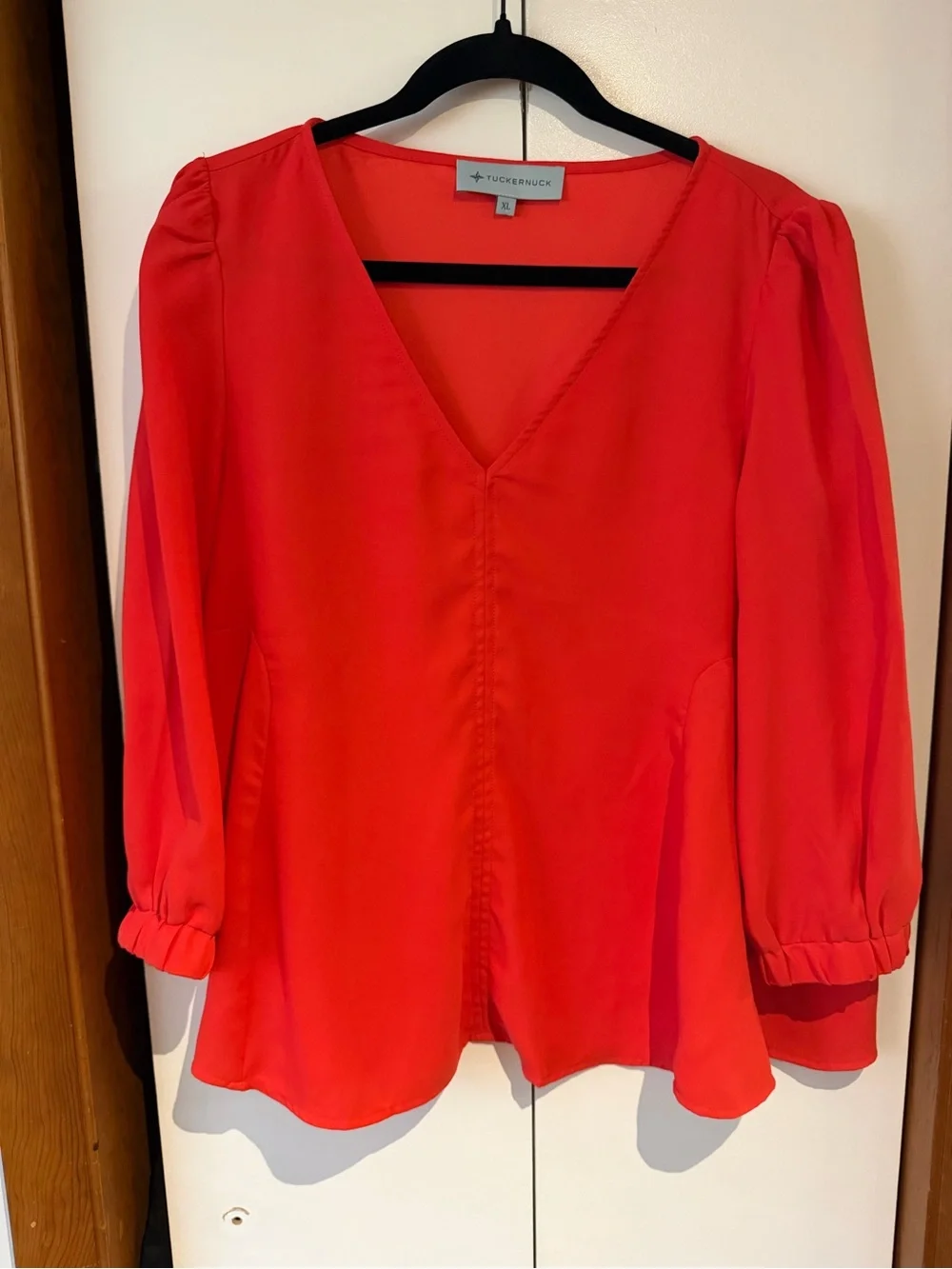 Tuckernuck Poppy Red Hollis V-Neck Puff Sleeve Blouse Top - Size XL